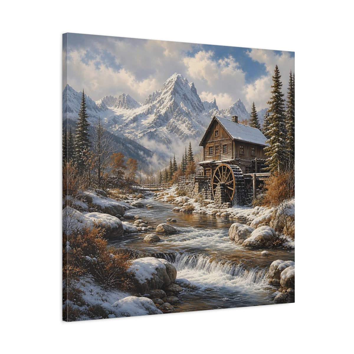 Side Mockup 3. Nature Watermill Winter Landscape shown as stretched canvas wall art