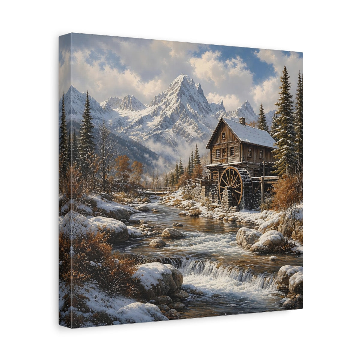 Side Mockup 8. Nature Watermill Winter Landscape shown as stretched canvas wall art