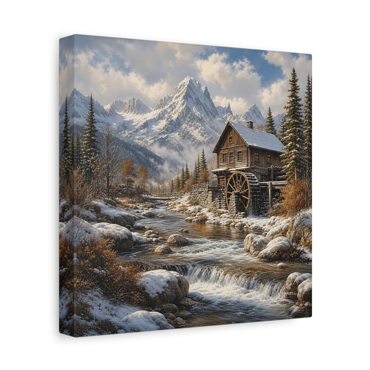Side Mockup 9. Nature Watermill Winter Landscape shown as stretched canvas wall art