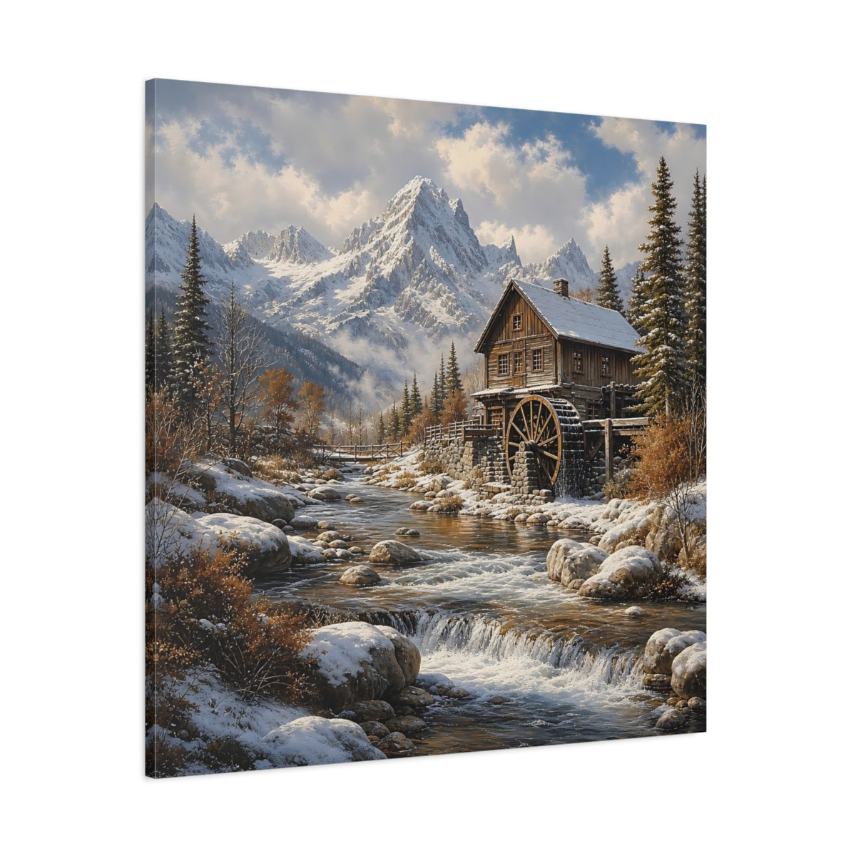 Side Mockup 1. Nature Watermill Winter Landscape shown as stretched canvas wall art