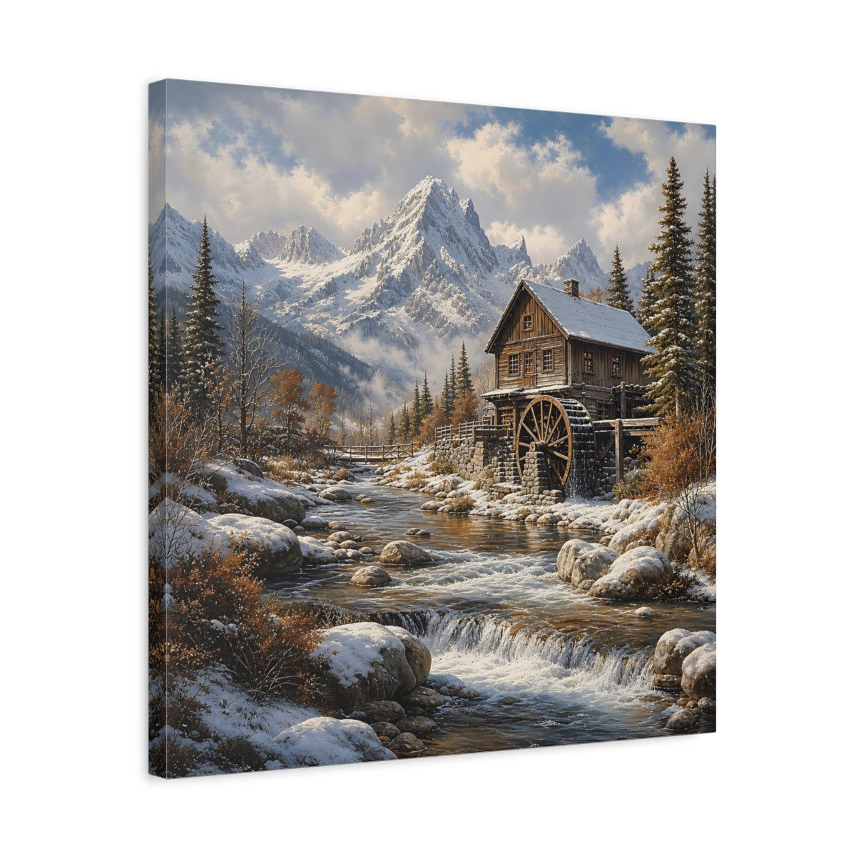 Side Mockup 5. Nature Watermill Winter Landscape shown as stretched canvas wall art
