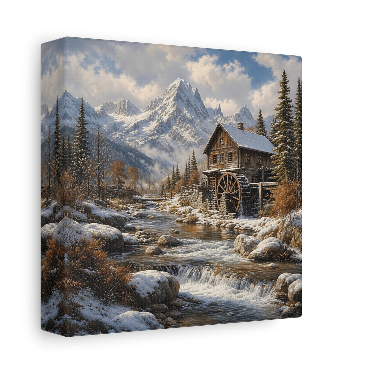 Side Mockup 2. Nature Watermill Winter Landscape shown as stretched canvas wall art