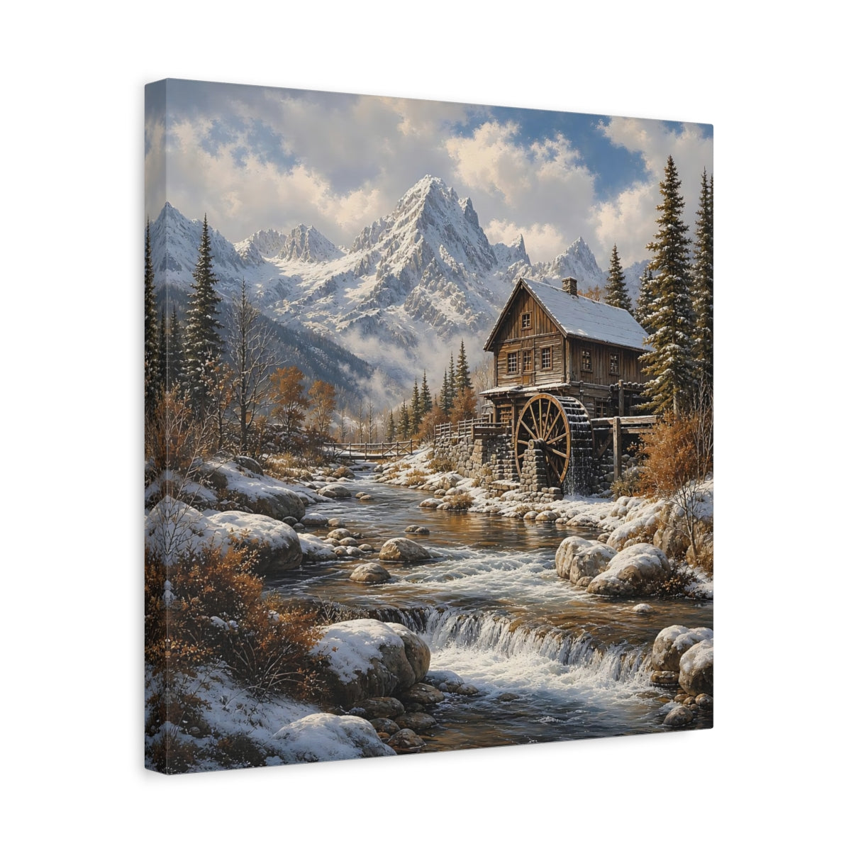 Side Mockup 6. Nature Watermill Winter Landscape shown as stretched canvas wall art