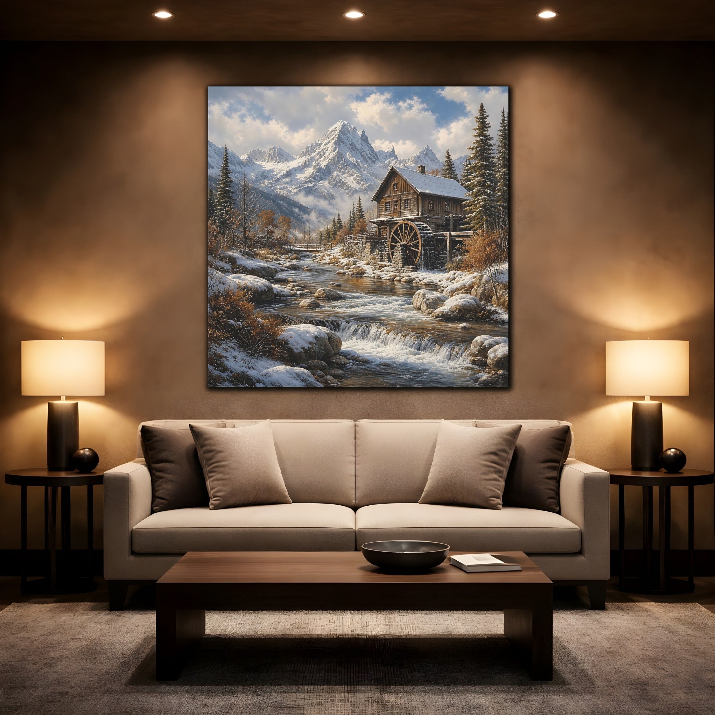 Mockup 2. Nature Watermill Winter Landscape shown as stretched canvas wall art