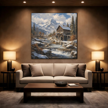 Mockup 2. Nature Watermill Winter Landscape shown as stretched canvas wall art