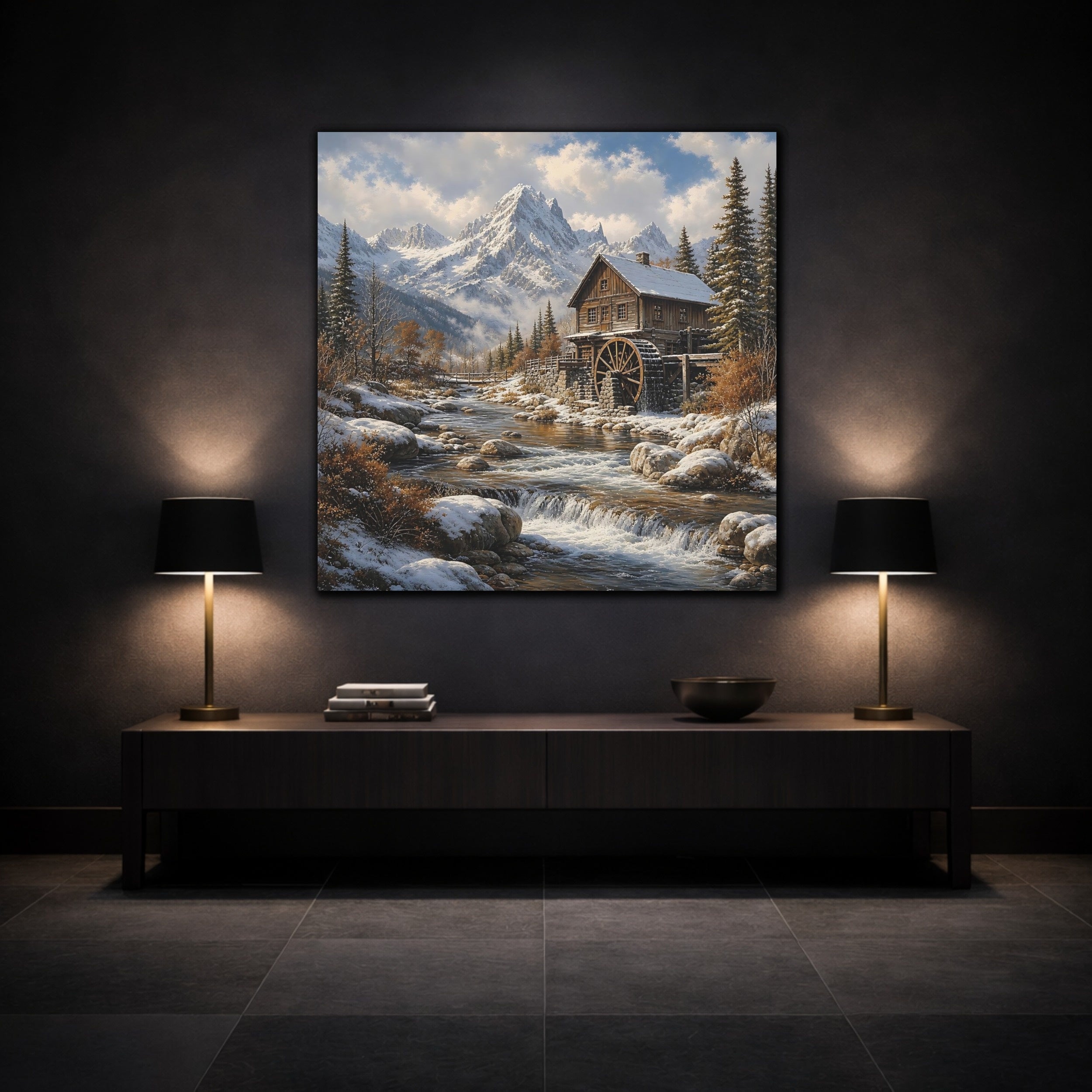 Mockup 3. Nature Watermill Winter Landscape shown as stretched canvas wall art