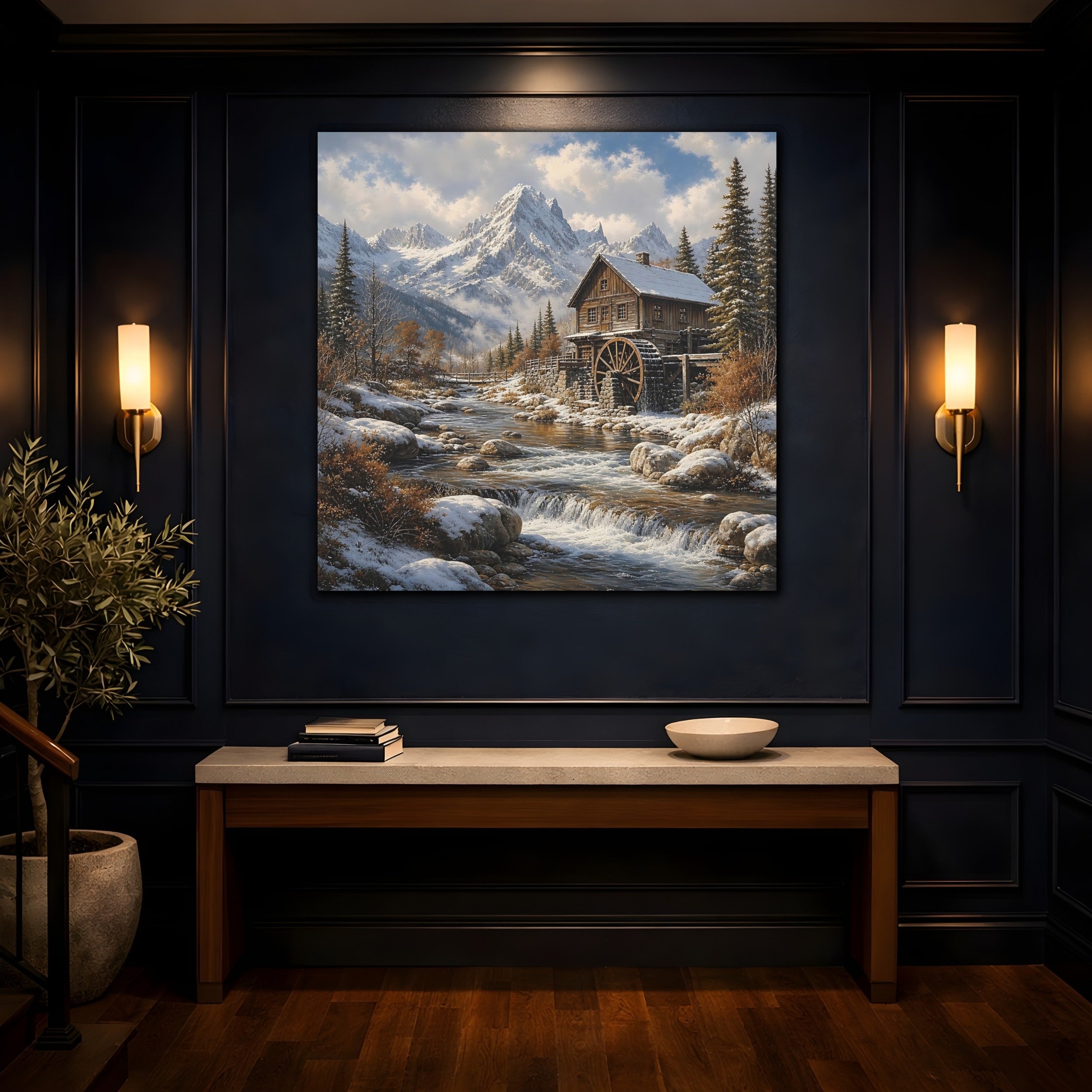 Mockup 4. Nature Watermill Winter Landscape shown as stretched canvas wall art