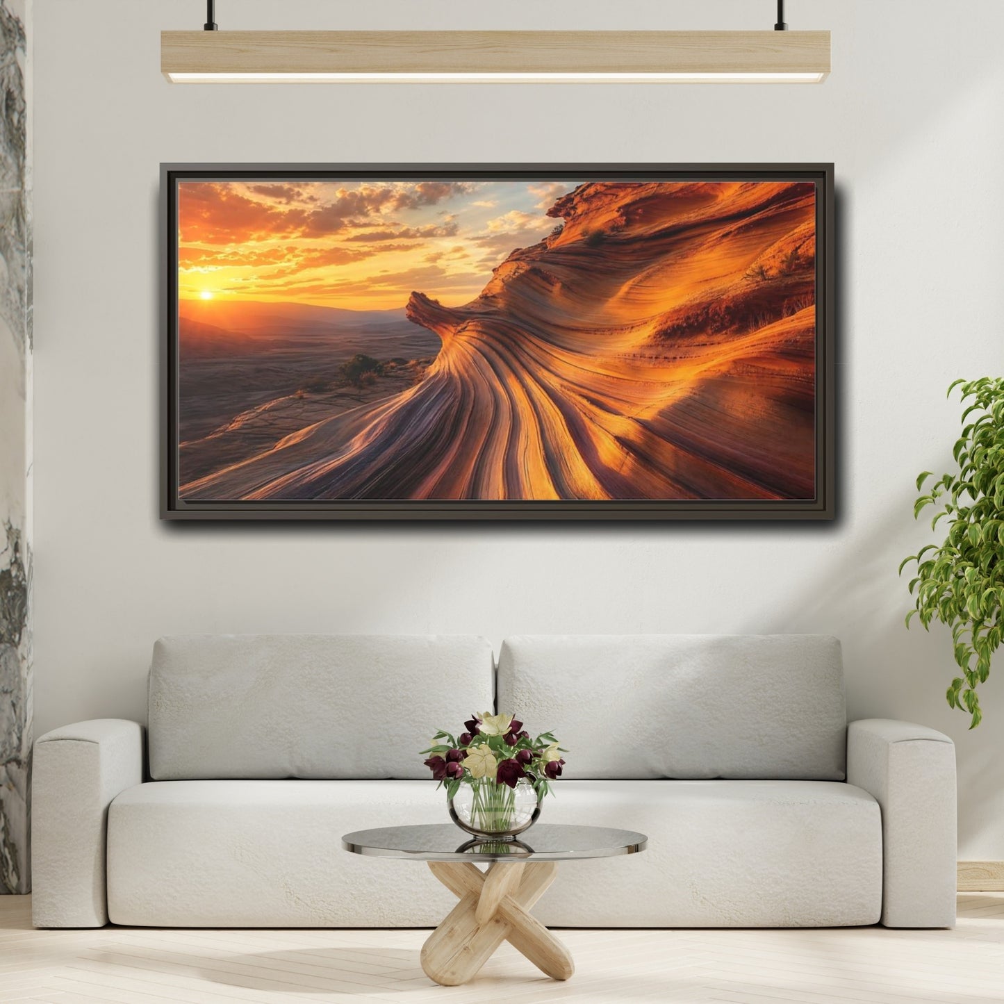 Mockup 2. Nature Wavy Sandstone Orange And Gold shown as stretched canvas wall art