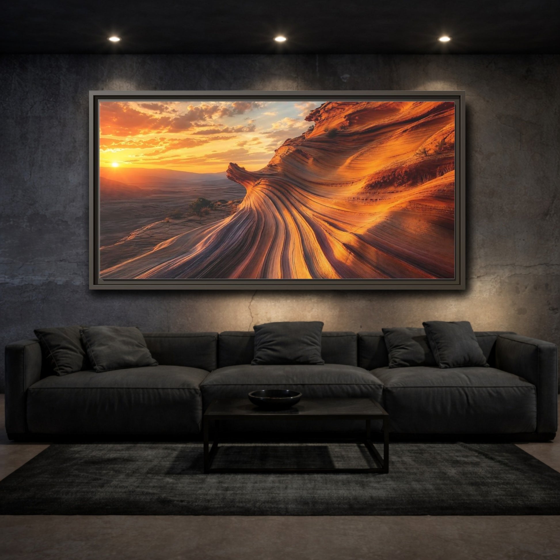 Mockup 3. Nature Wavy Sandstone Orange And Gold shown as stretched canvas wall art