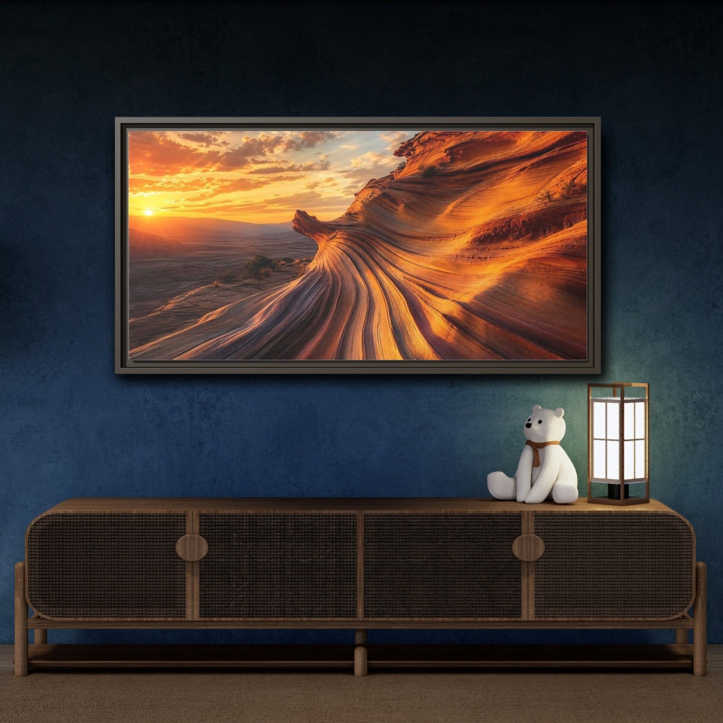 Mockup 4. Nature Wavy Sandstone Orange And Gold shown as stretched canvas wall art