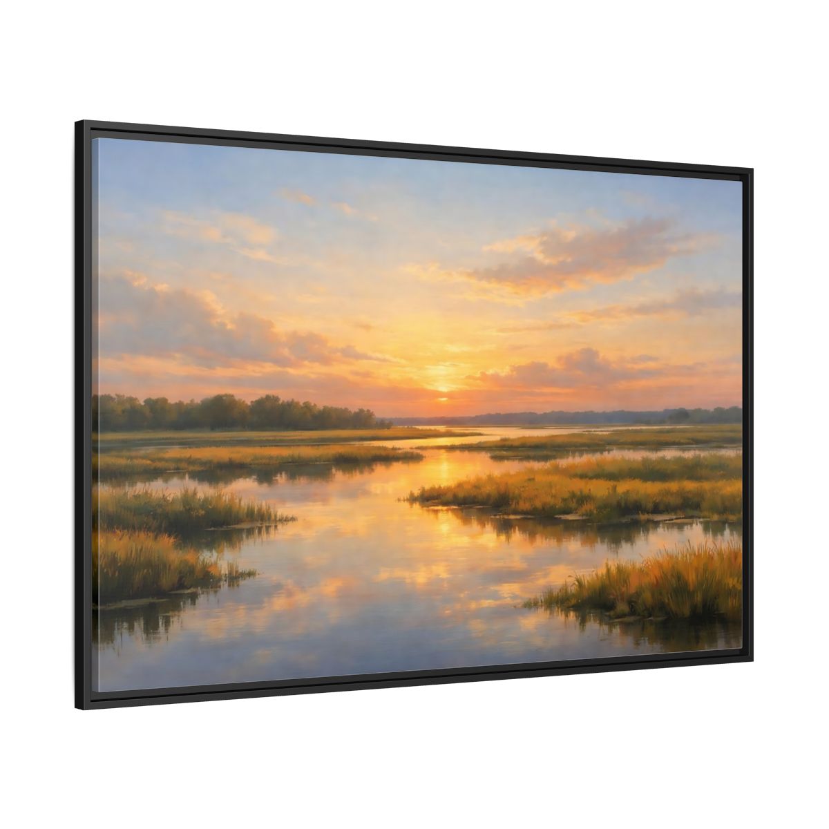Side Mockup 12. Nature Wetland Sunset Golden Wetland shown as stretched canvas wall art