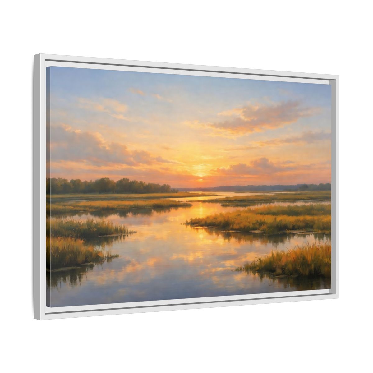 Side Mockup 10. Nature Wetland Sunset Golden Wetland shown as stretched canvas wall art