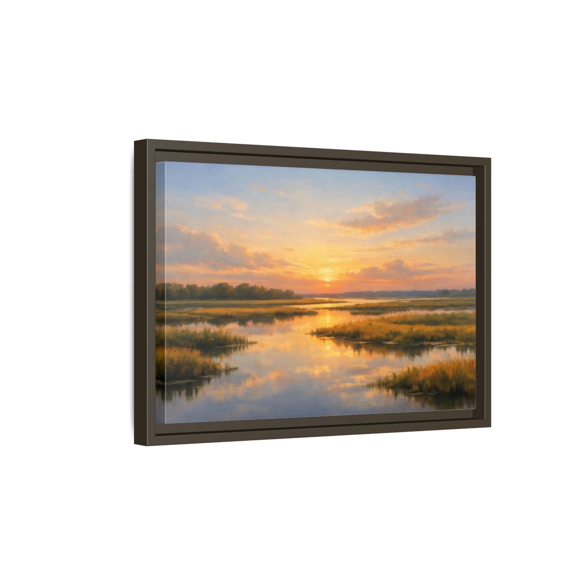 Side Mockup 5. Nature Wetland Sunset Golden Wetland shown as stretched canvas wall art