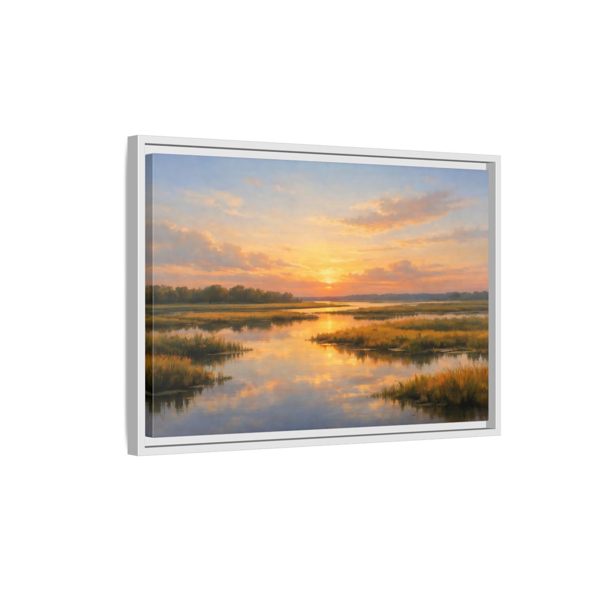 Side Mockup 1. Nature Wetland Sunset Golden Wetland shown as stretched canvas wall art