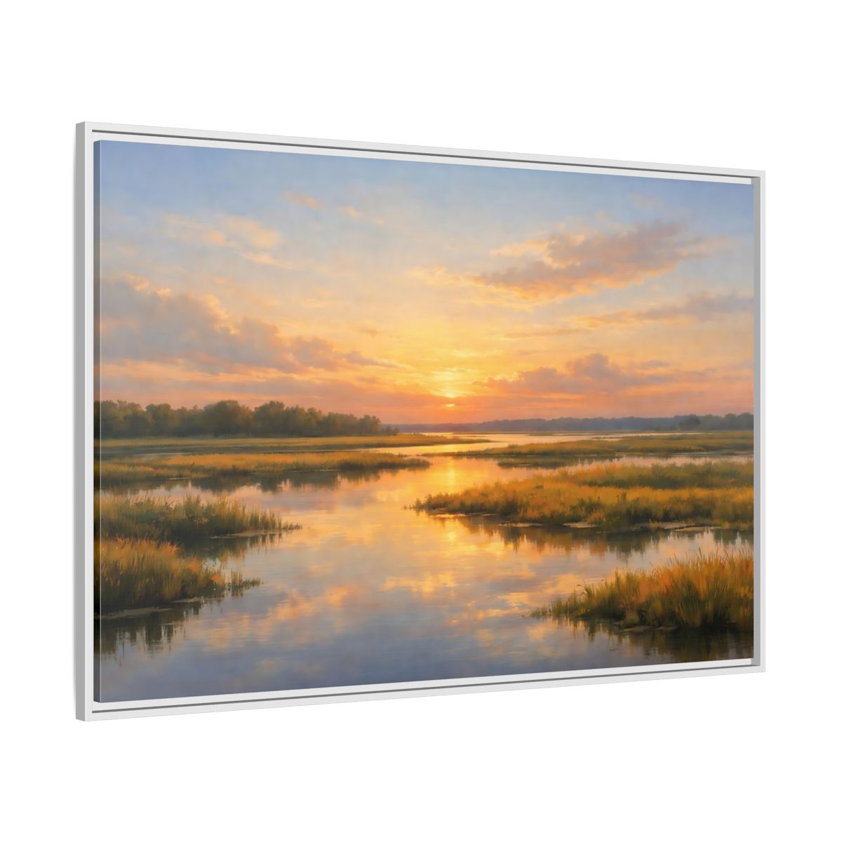 Side Mockup 7. Nature Wetland Sunset Golden Wetland shown as stretched canvas wall art