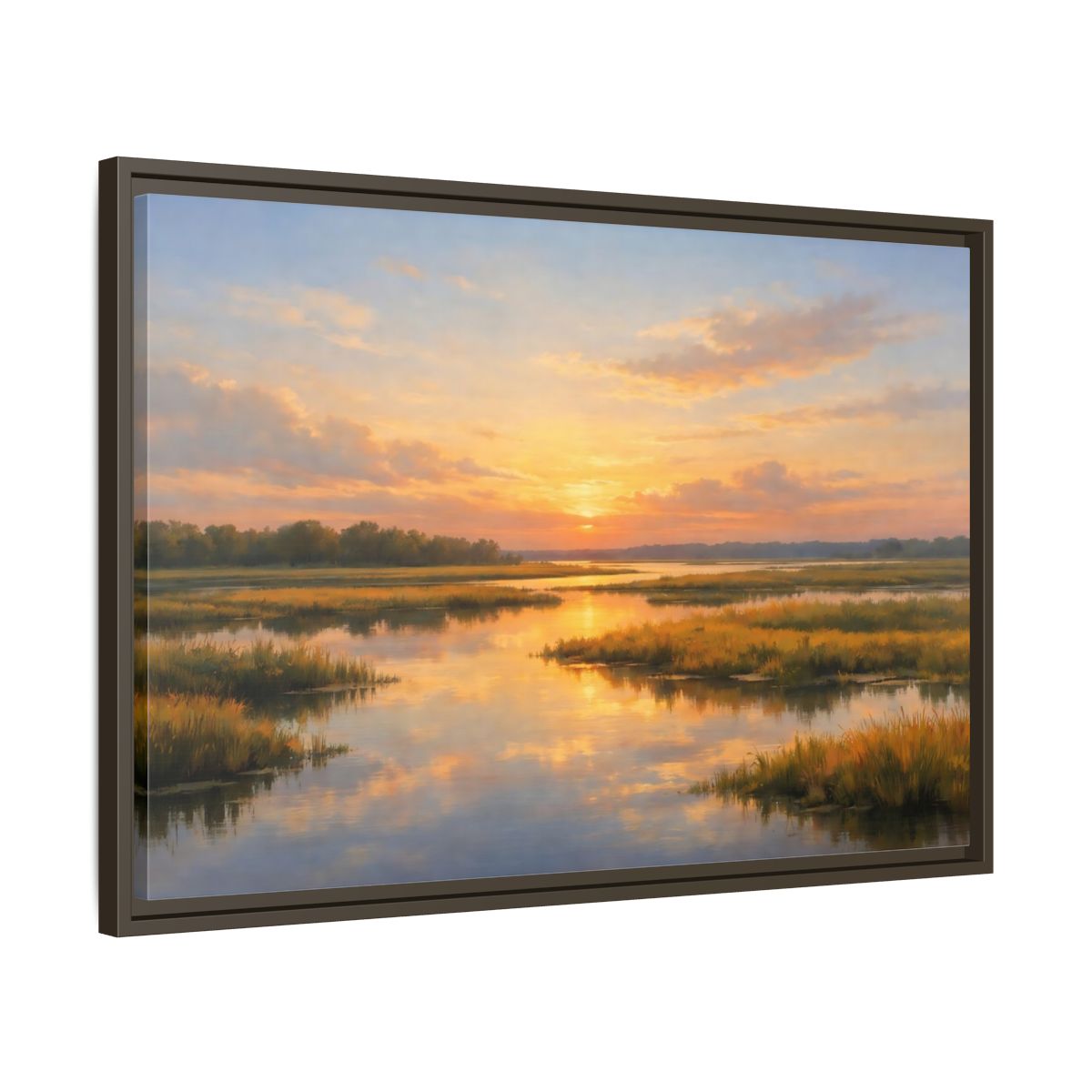 Side Mockup 11. Nature Wetland Sunset Golden Wetland shown as stretched canvas wall art