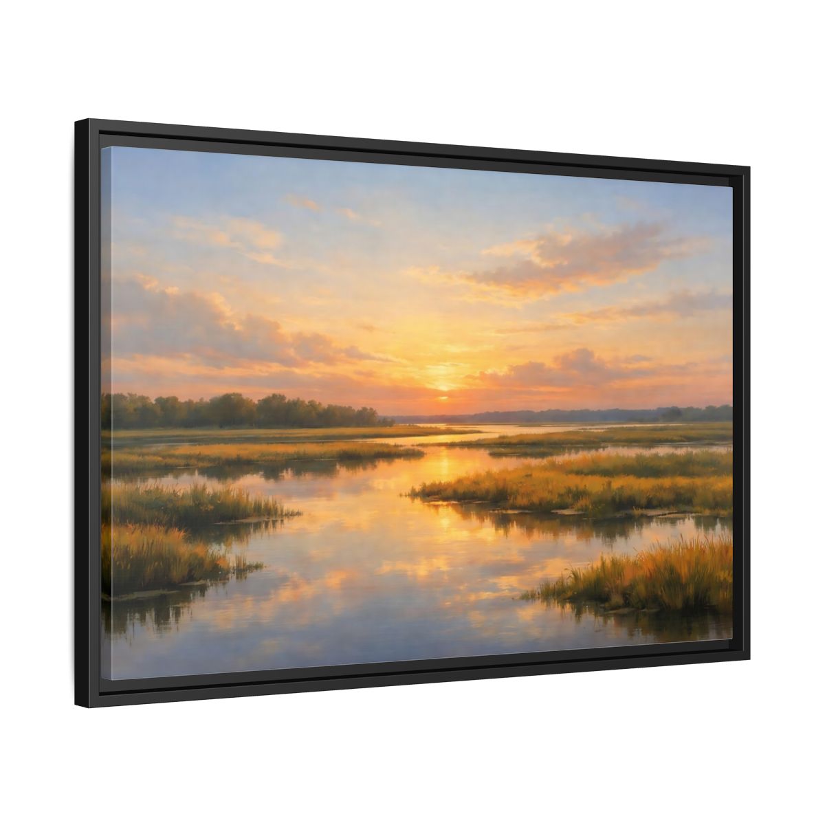 Side Mockup 14. Nature Wetland Sunset Golden Wetland shown as stretched canvas wall art