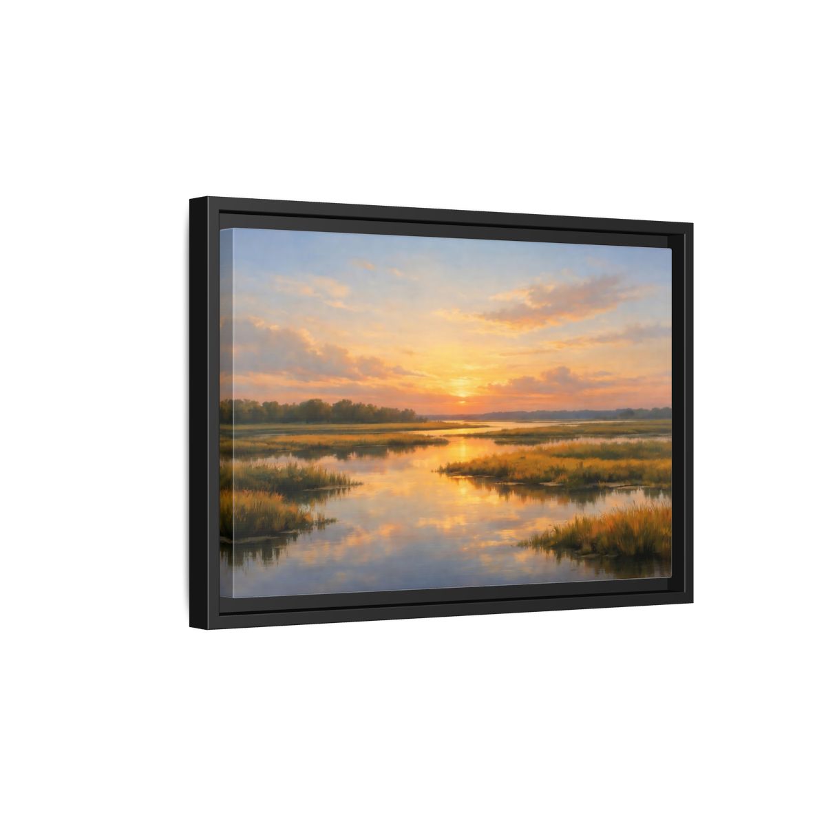 Side Mockup 6. Nature Wetland Sunset Golden Wetland shown as stretched canvas wall art
