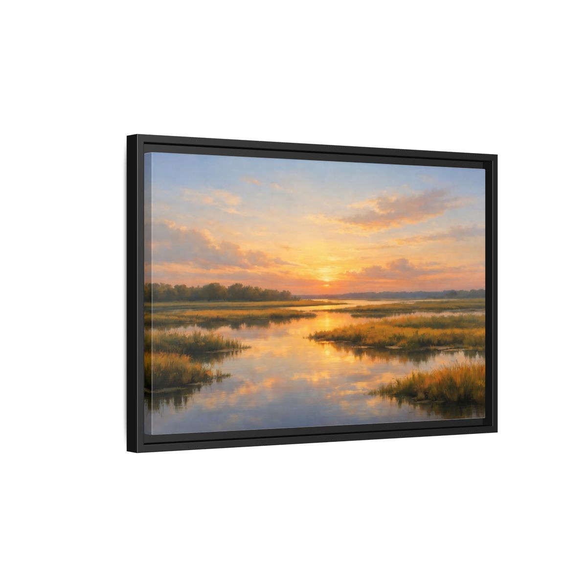 Side Mockup 3. Nature Wetland Sunset Golden Wetland shown as stretched canvas wall art