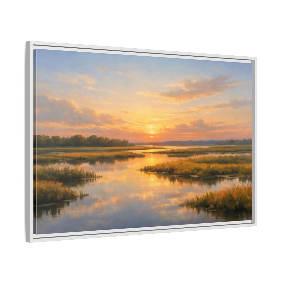 Side Mockup 9. Nature Wetland Sunset Golden Wetland shown as stretched canvas wall art