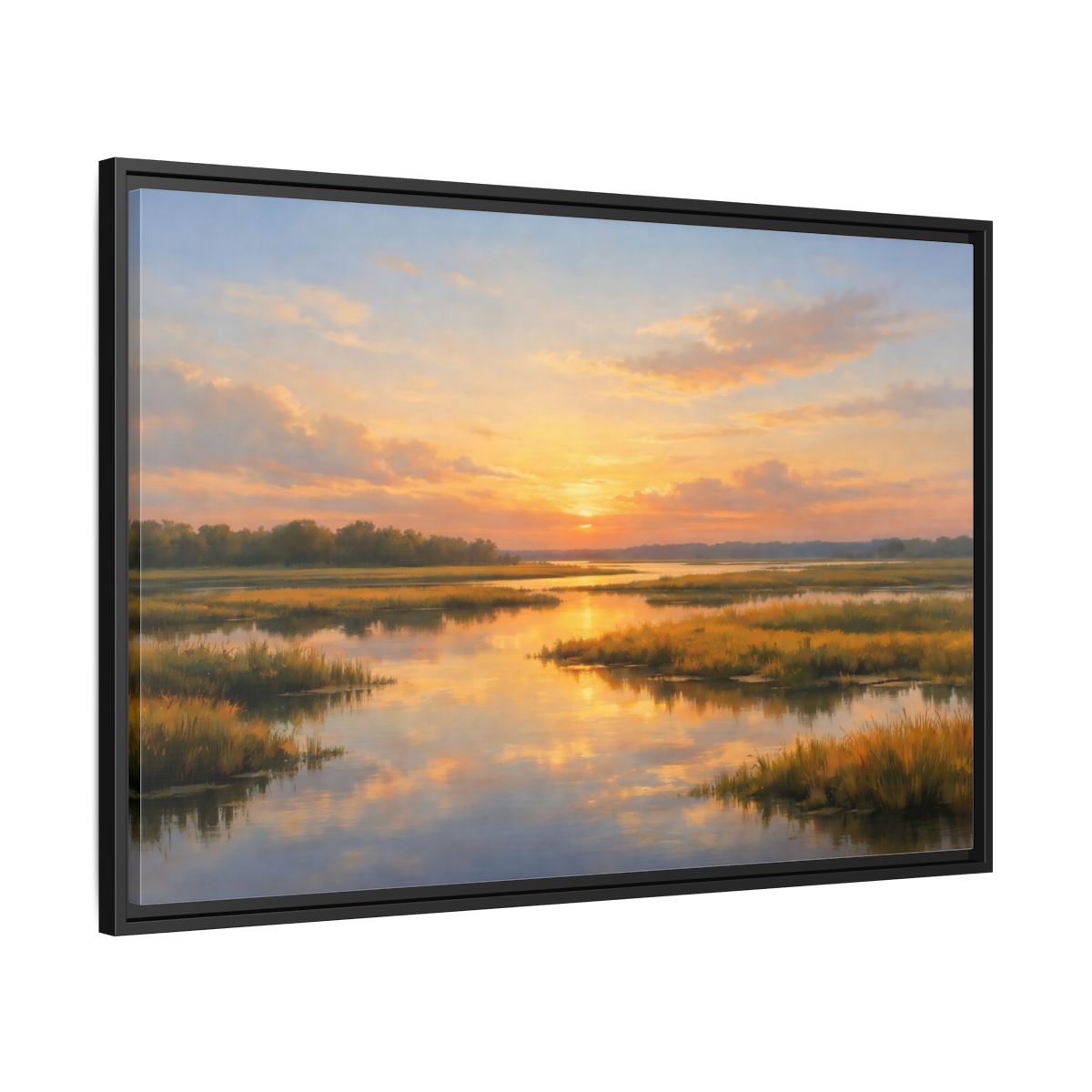 Side Mockup 13. Nature Wetland Sunset Golden Wetland shown as stretched canvas wall art