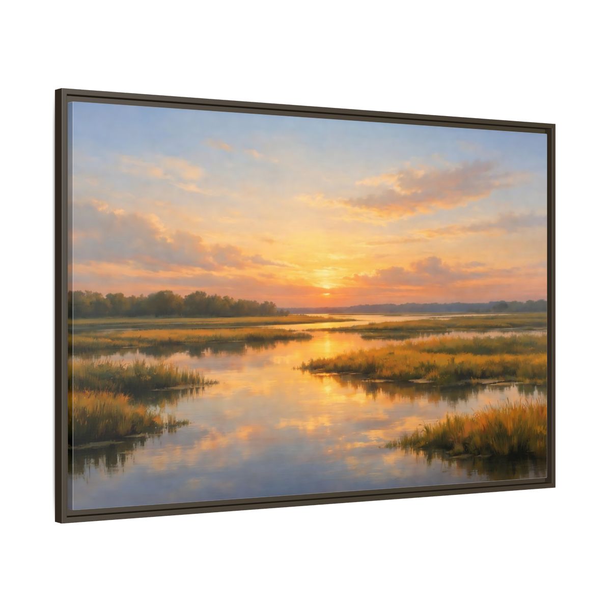 Side Mockup 8. Nature Wetland Sunset Golden Wetland shown as stretched canvas wall art
