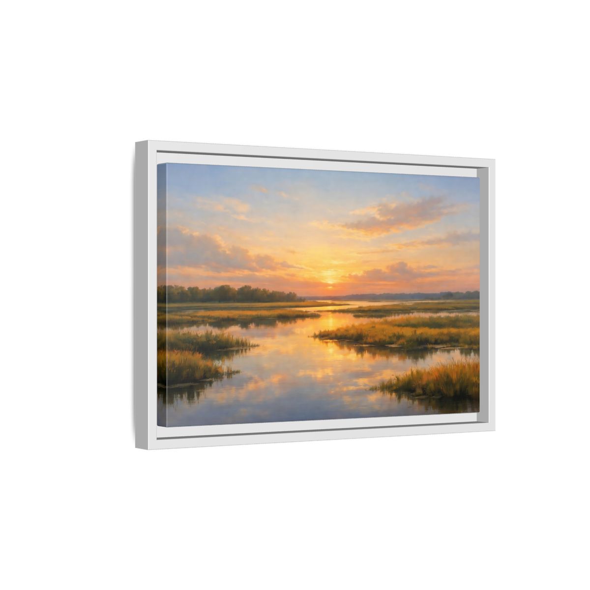 Side Mockup 4. Nature Wetland Sunset Golden Wetland shown as stretched canvas wall art