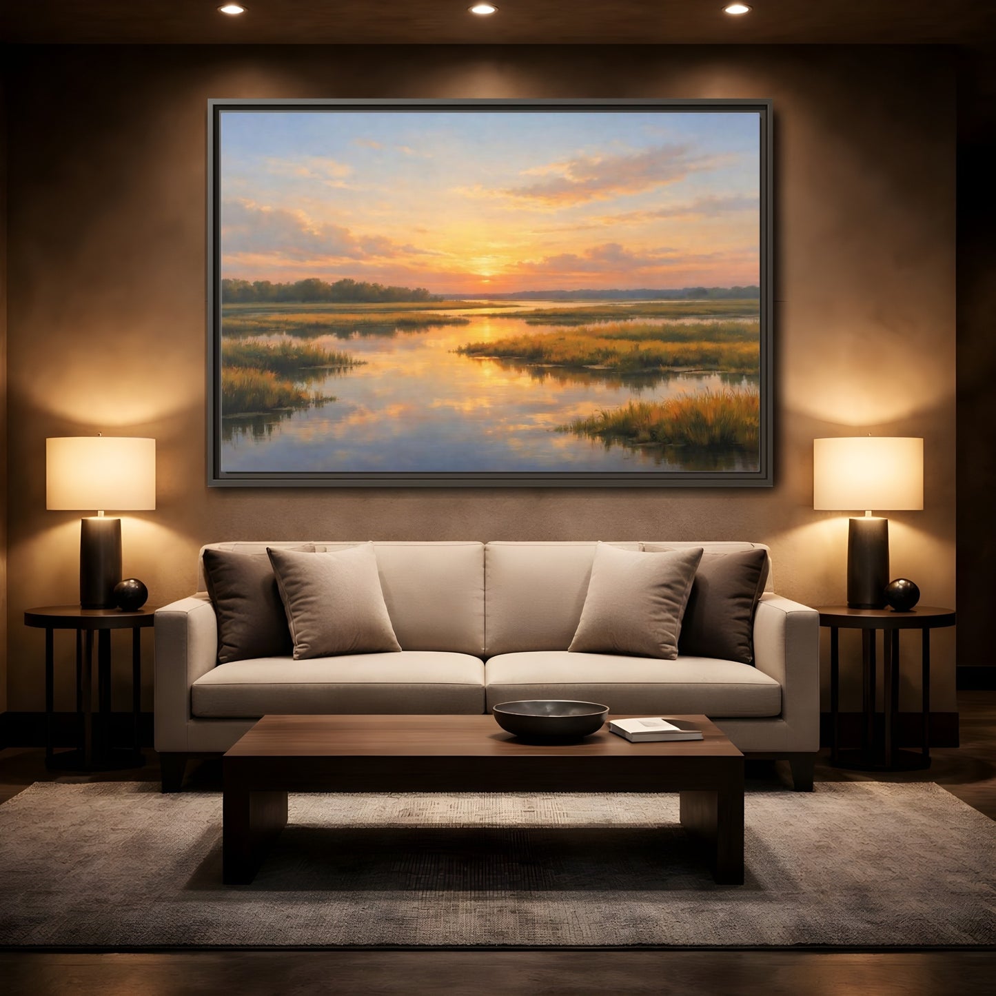 Mockup 2. Nature Wetland Sunset Golden Wetland shown as stretched canvas wall art