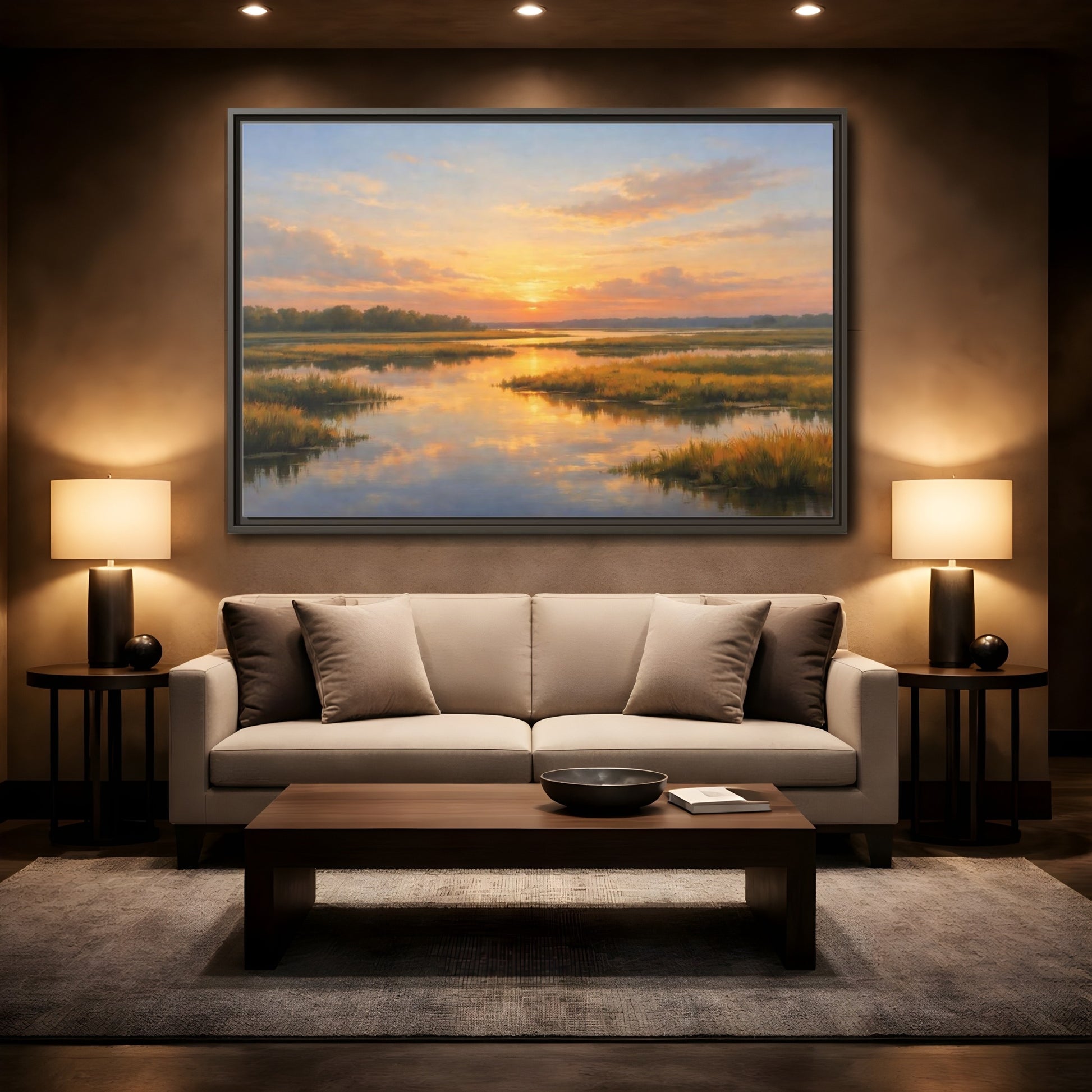 Mockup 2. Nature Wetland Sunset Golden Wetland shown as stretched canvas wall art