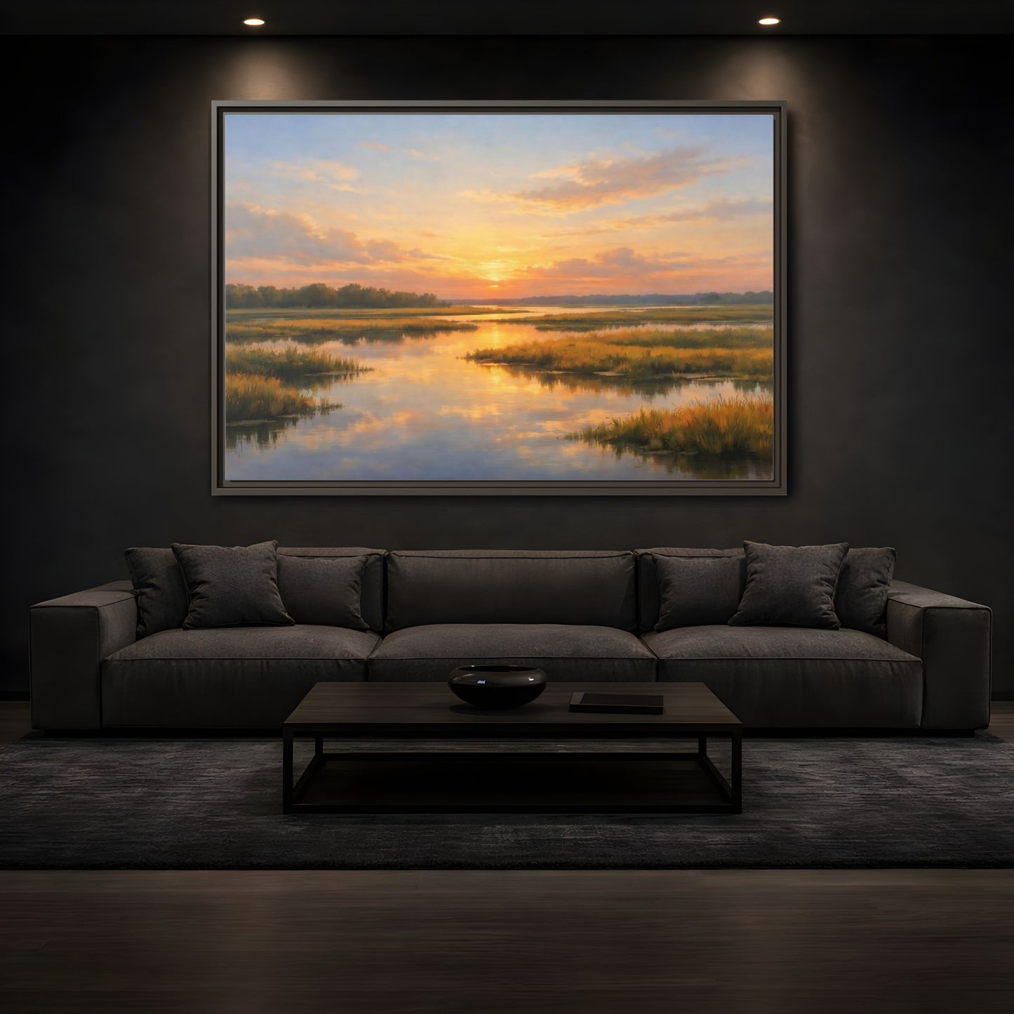 Mockup 3. Nature Wetland Sunset Golden Wetland shown as stretched canvas wall art