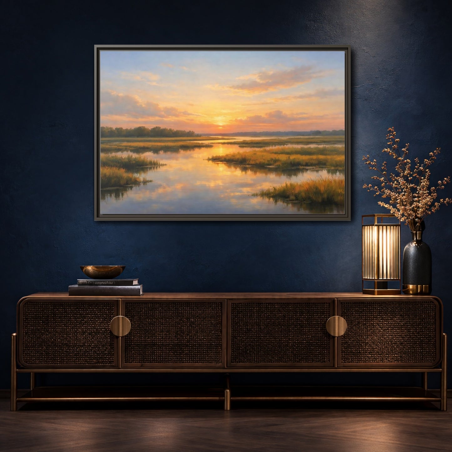 Mockup 4. Nature Wetland Sunset Golden Wetland shown as stretched canvas wall art