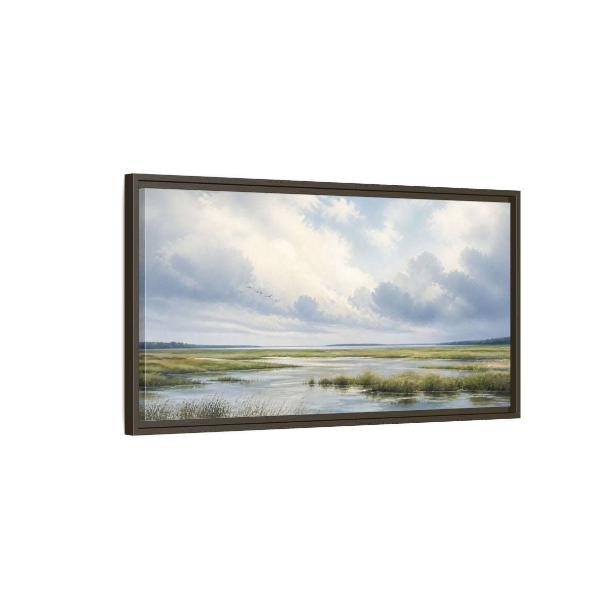 Main Mockup. Nature Wetlands Blue And Green shown as stretched canvas wall art