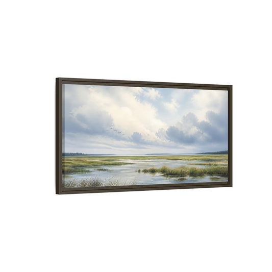 Main Mockup. Nature Wetlands Blue And Green shown as stretched canvas wall art