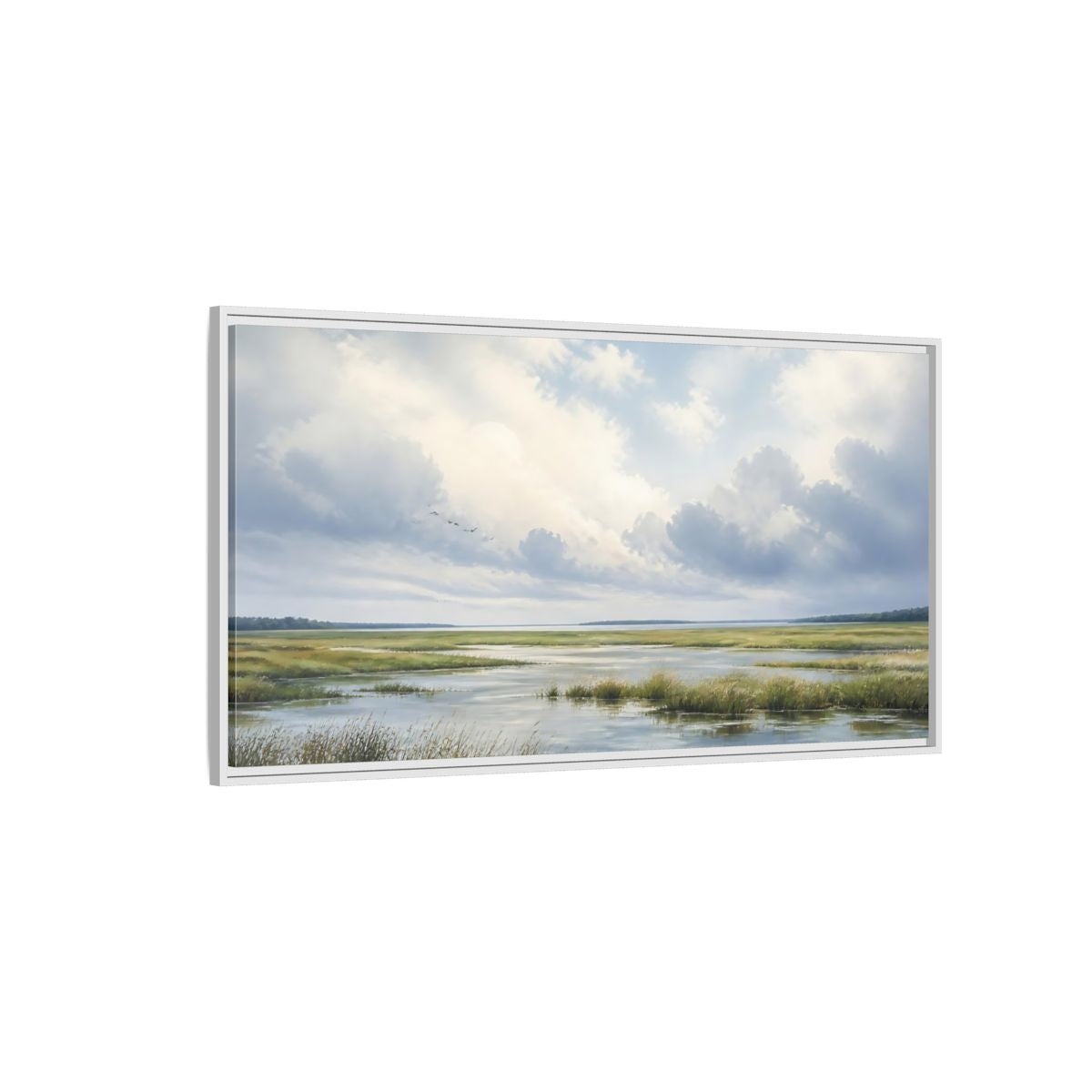 Side Mockup 3. Nature Wetlands Blue And Green shown as stretched canvas wall art