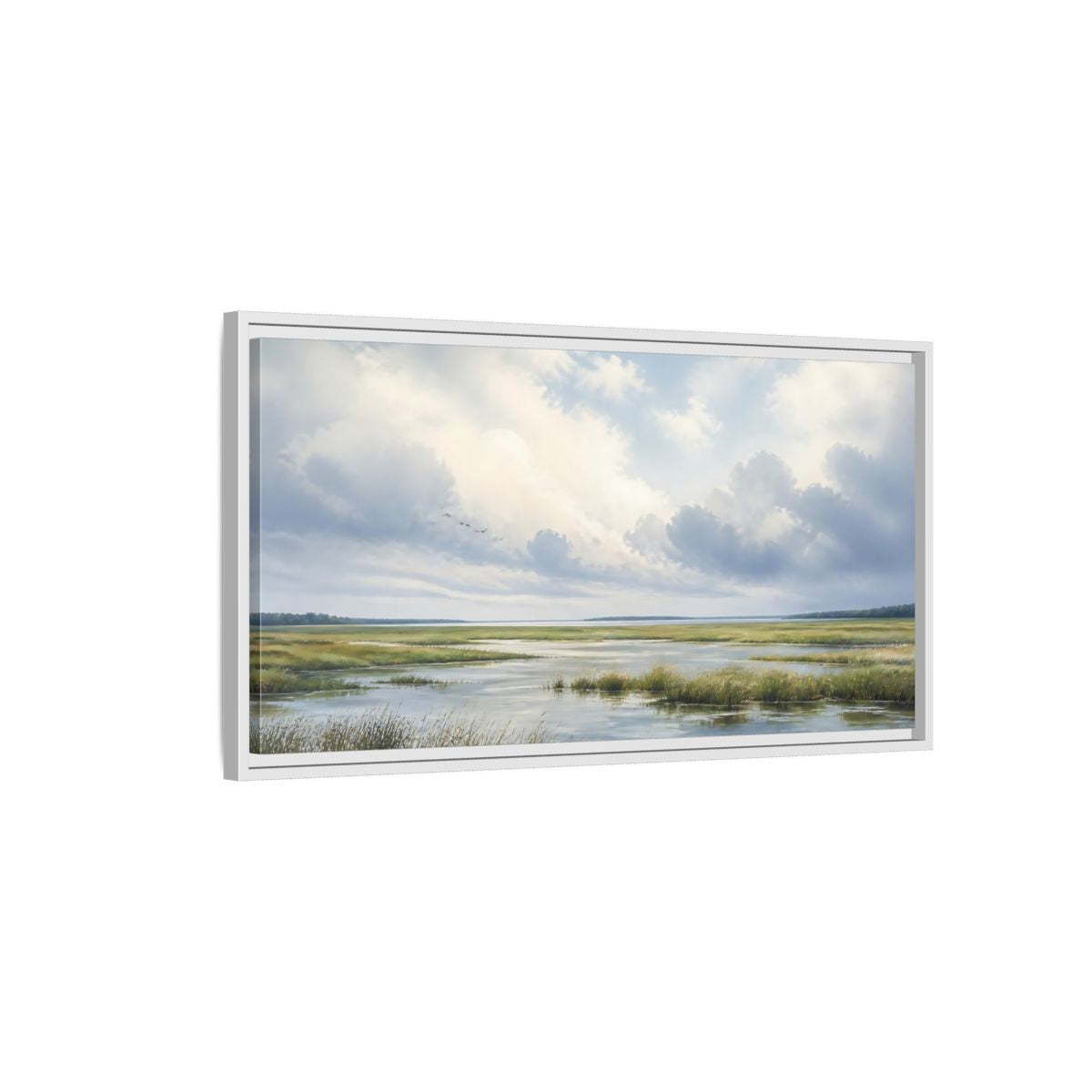 Side Mockup 1. Nature Wetlands Blue And Green shown as stretched canvas wall art