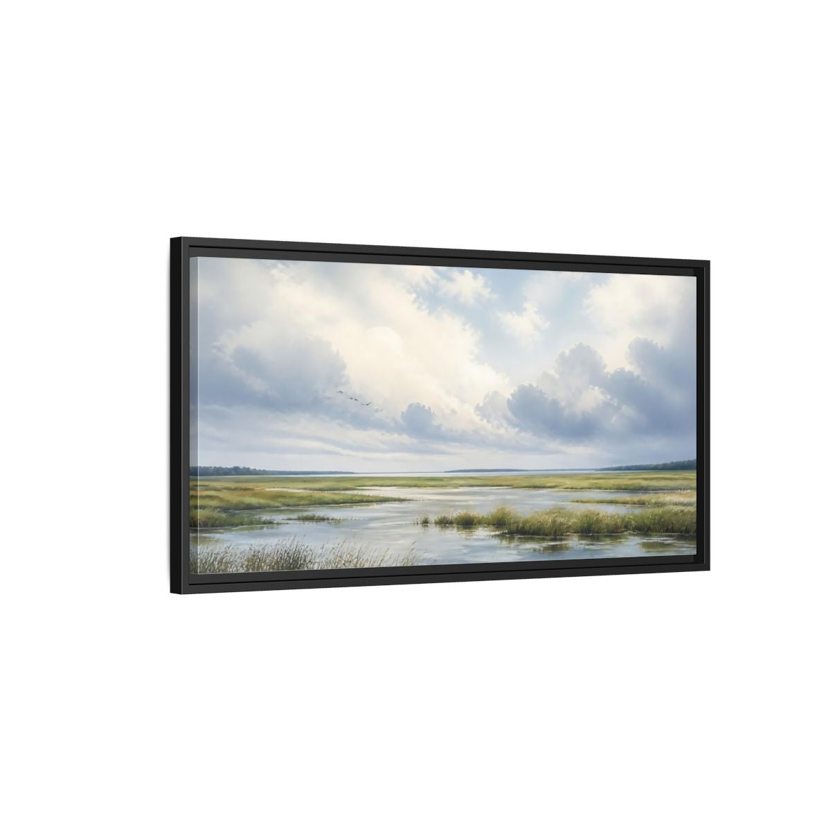 Side Mockup 2. Nature Wetlands Blue And Green shown as stretched canvas wall art