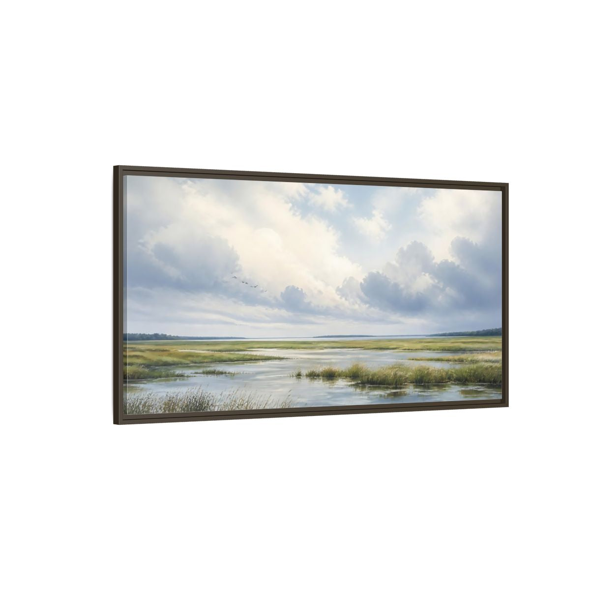 Side Mockup 4. Nature Wetlands Blue And Green shown as stretched canvas wall art