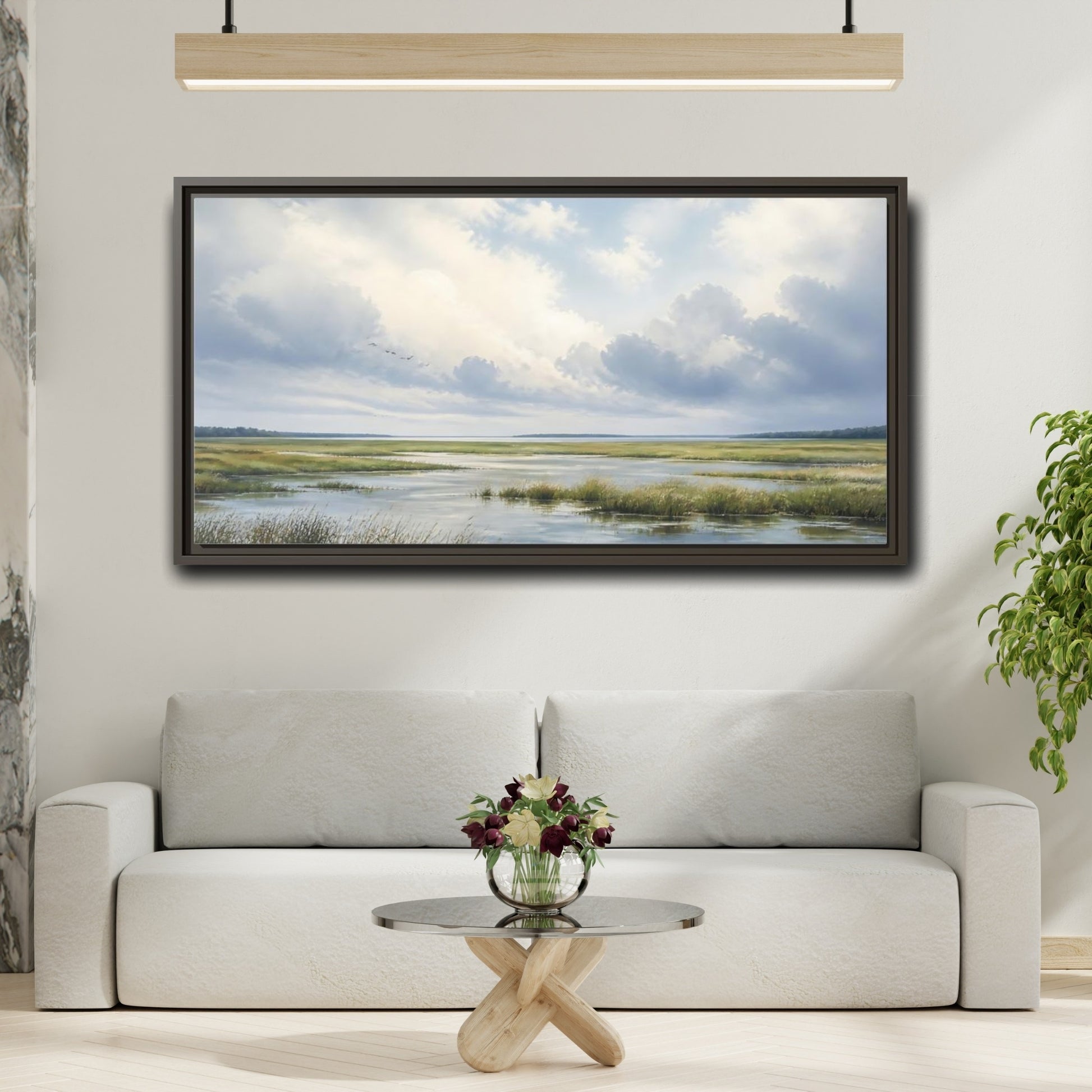 Mockup 2. Nature Wetlands Blue And Green shown as stretched canvas wall art