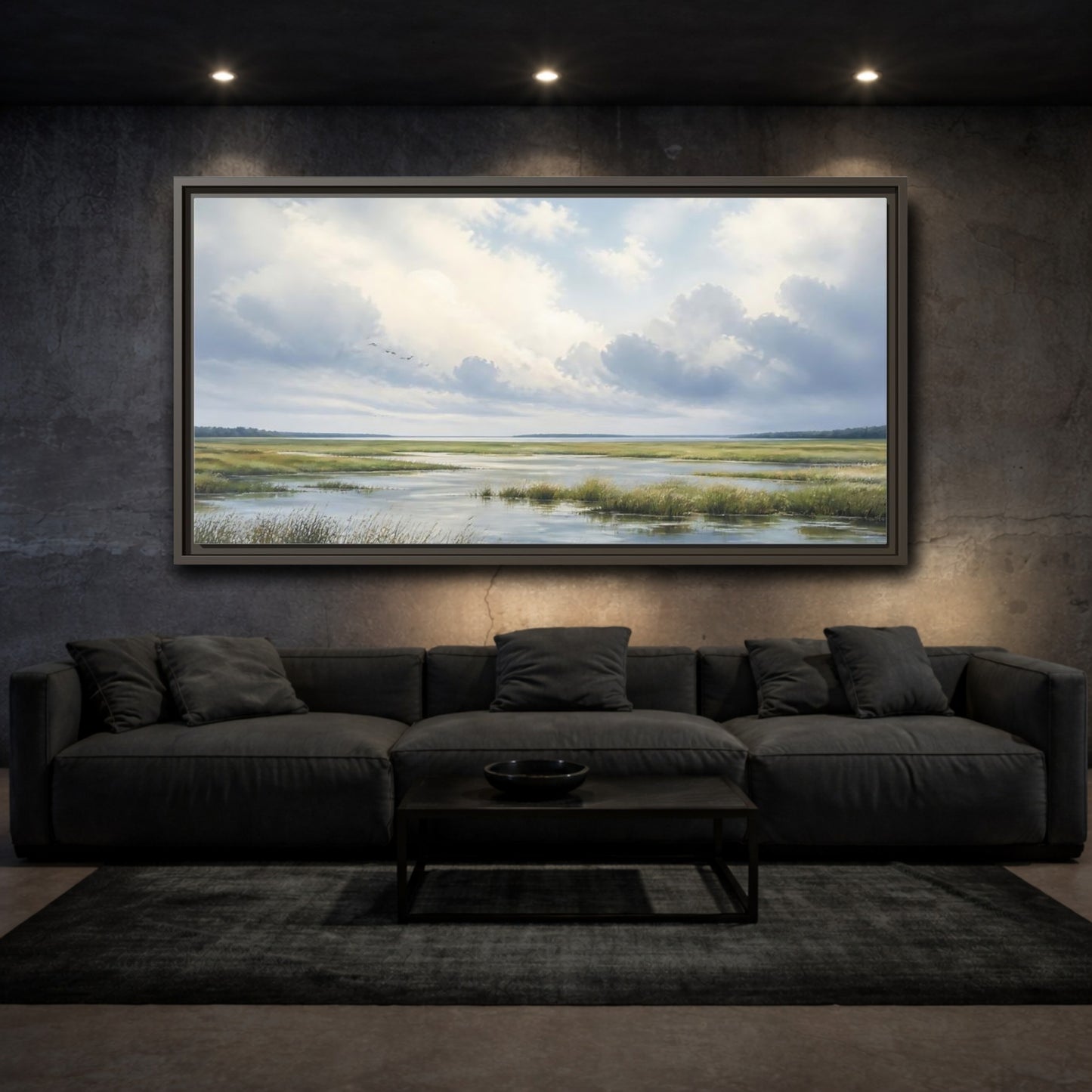 Mockup 3. Nature Wetlands Blue And Green shown as stretched canvas wall art