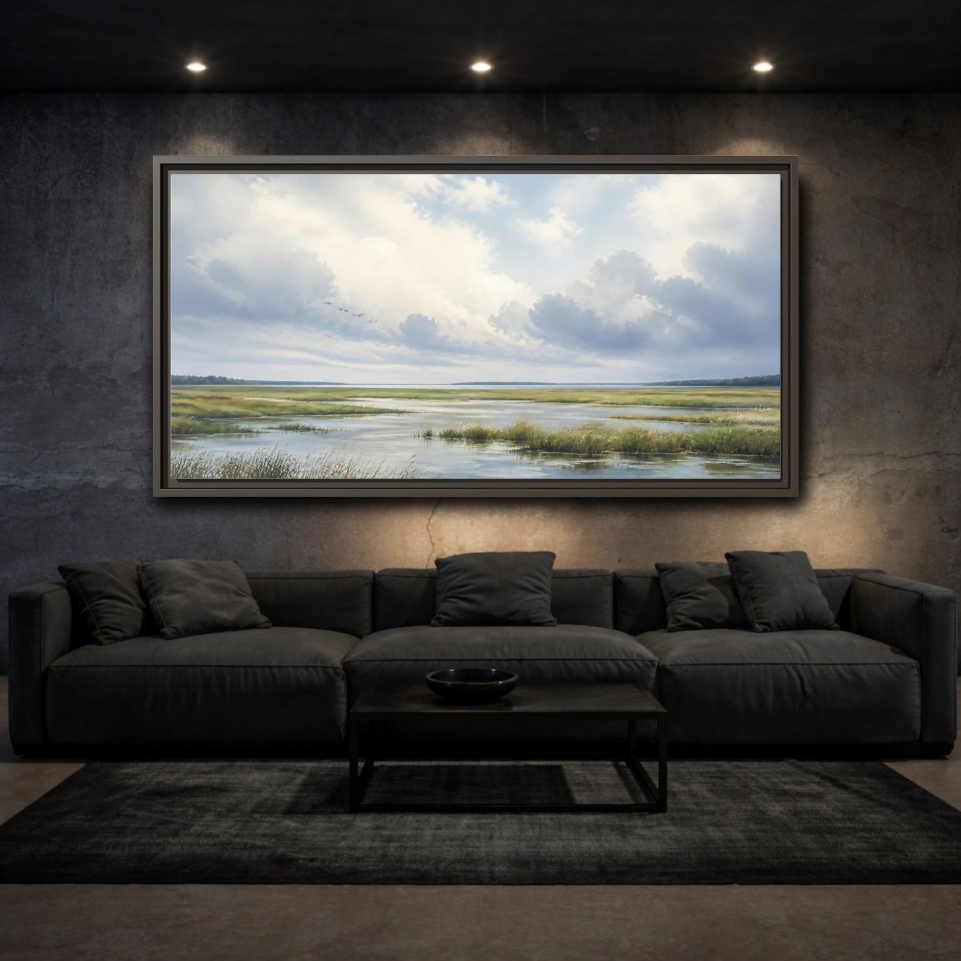 Mockup 3. Nature Wetlands Blue And Green shown as stretched canvas wall art