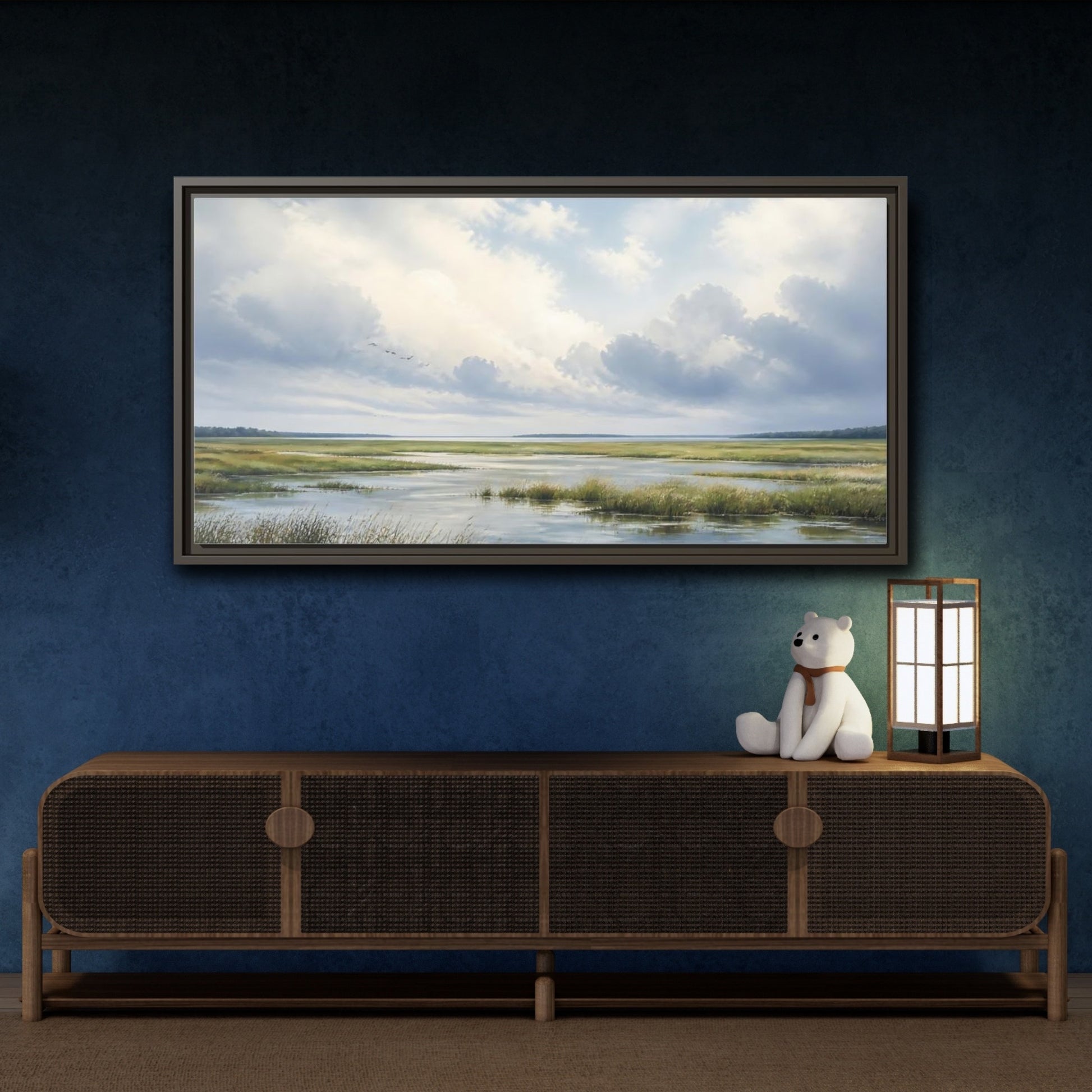 Mockup 4. Nature Wetlands Blue And Green shown as stretched canvas wall art