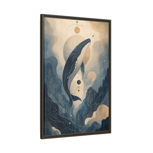 Main Mockup. Nature Whale Blue And Gold shown as stretched canvas wall art