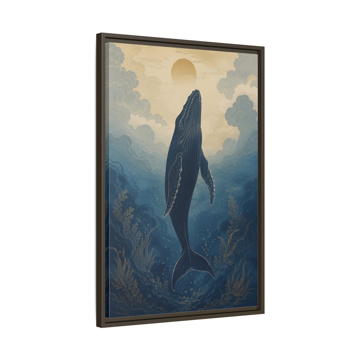Side Mockup 11. Nature Whale Blue And Gold Whale shown as stretched canvas wall art