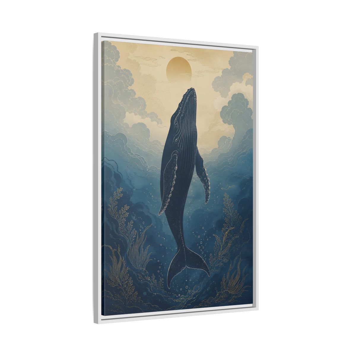 Side Mockup 9. Nature Whale Blue And Gold Whale shown as stretched canvas wall art