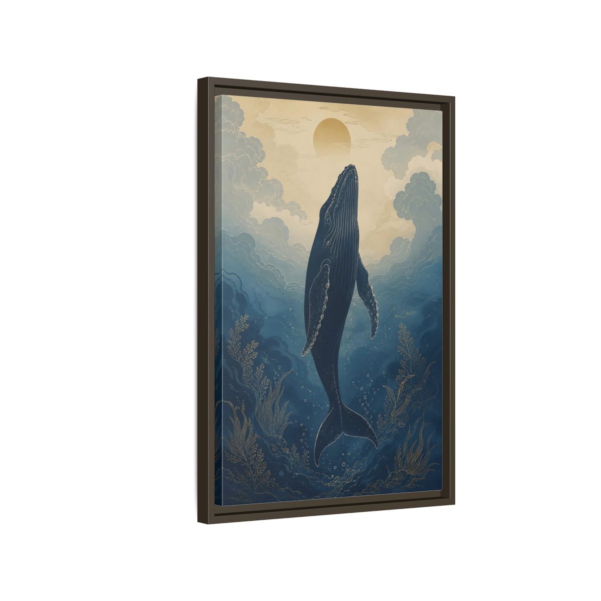 Side Mockup 2. Nature Whale Blue And Gold Whale shown as stretched canvas wall art