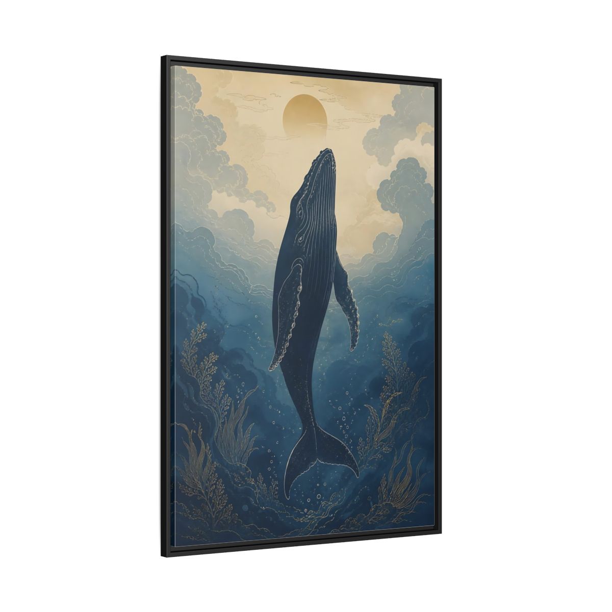 Side Mockup 12. Nature Whale Blue And Gold Whale shown as stretched canvas wall art