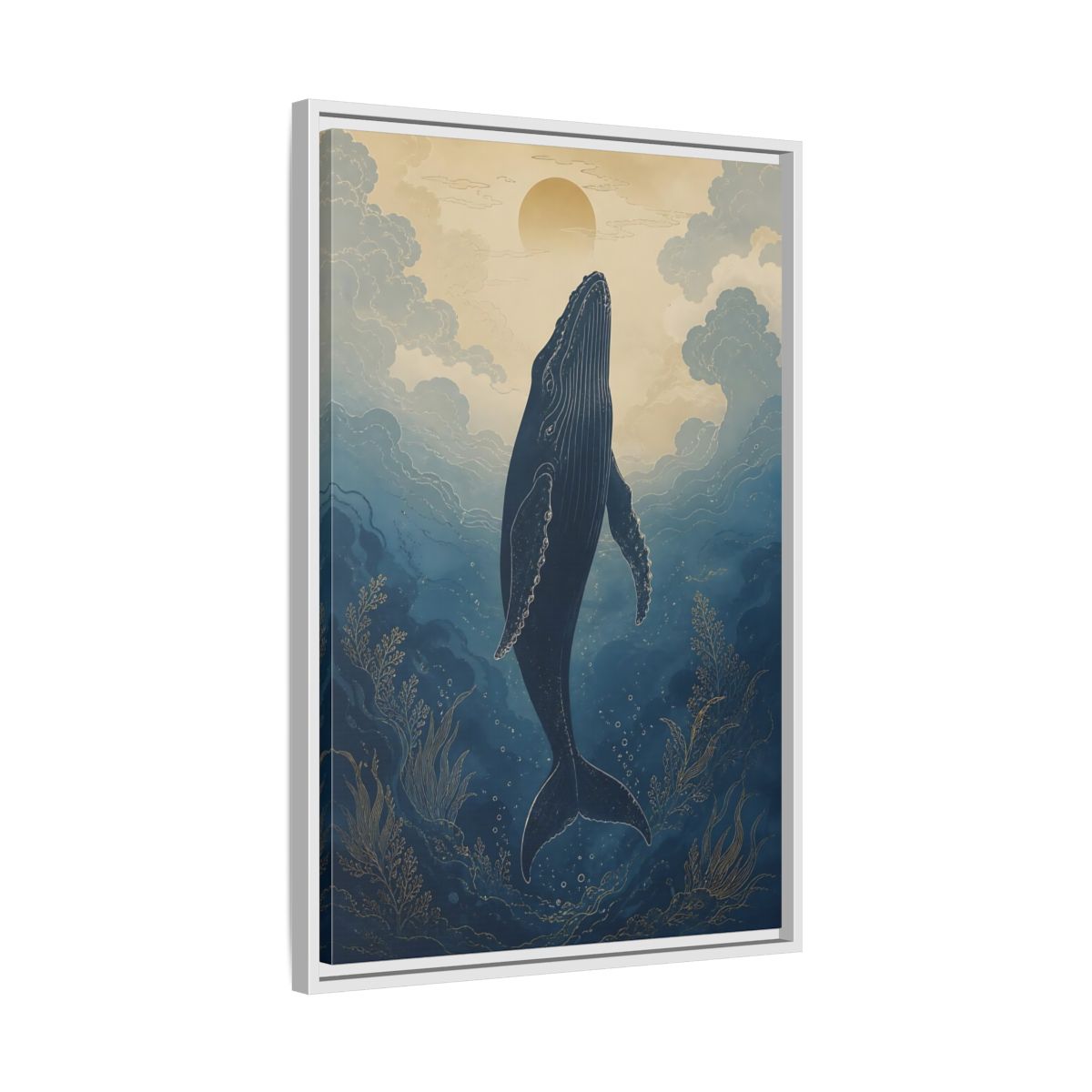 Side Mockup 10. Nature Whale Blue And Gold Whale shown as stretched canvas wall art