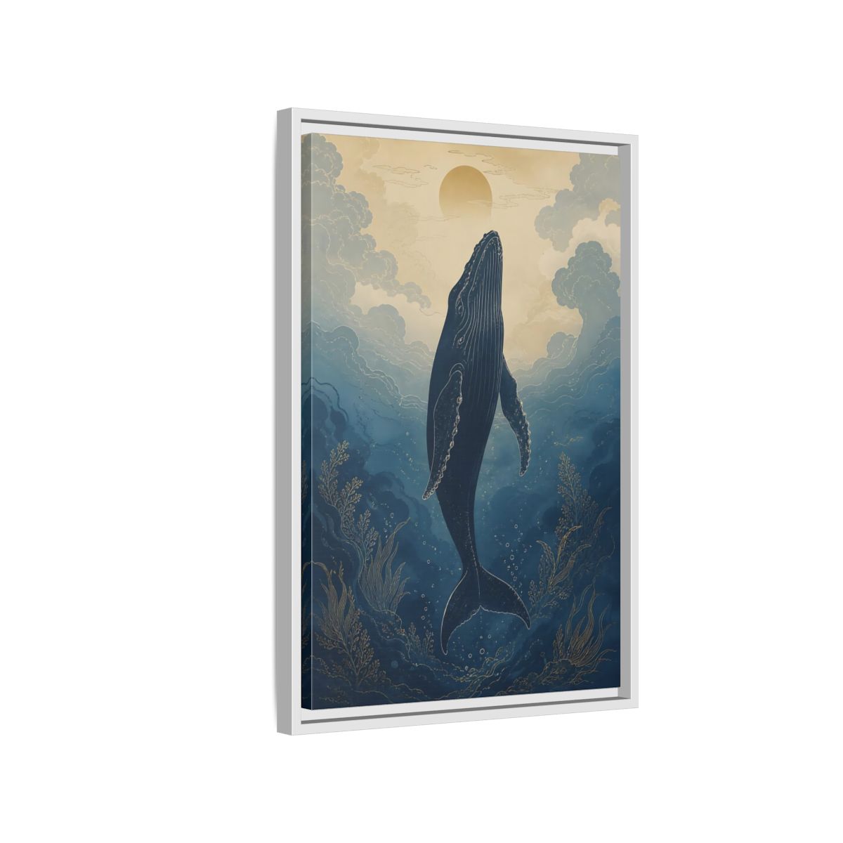 Side Mockup 1. Nature Whale Blue And Gold Whale shown as stretched canvas wall art