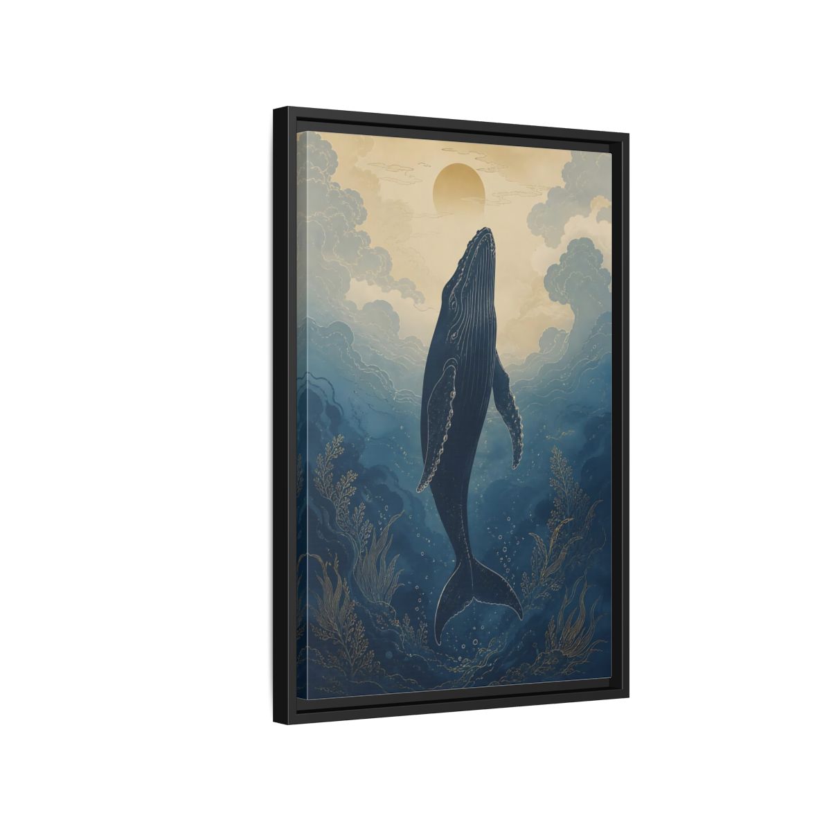 Side Mockup 3. Nature Whale Blue And Gold Whale shown as stretched canvas wall art
