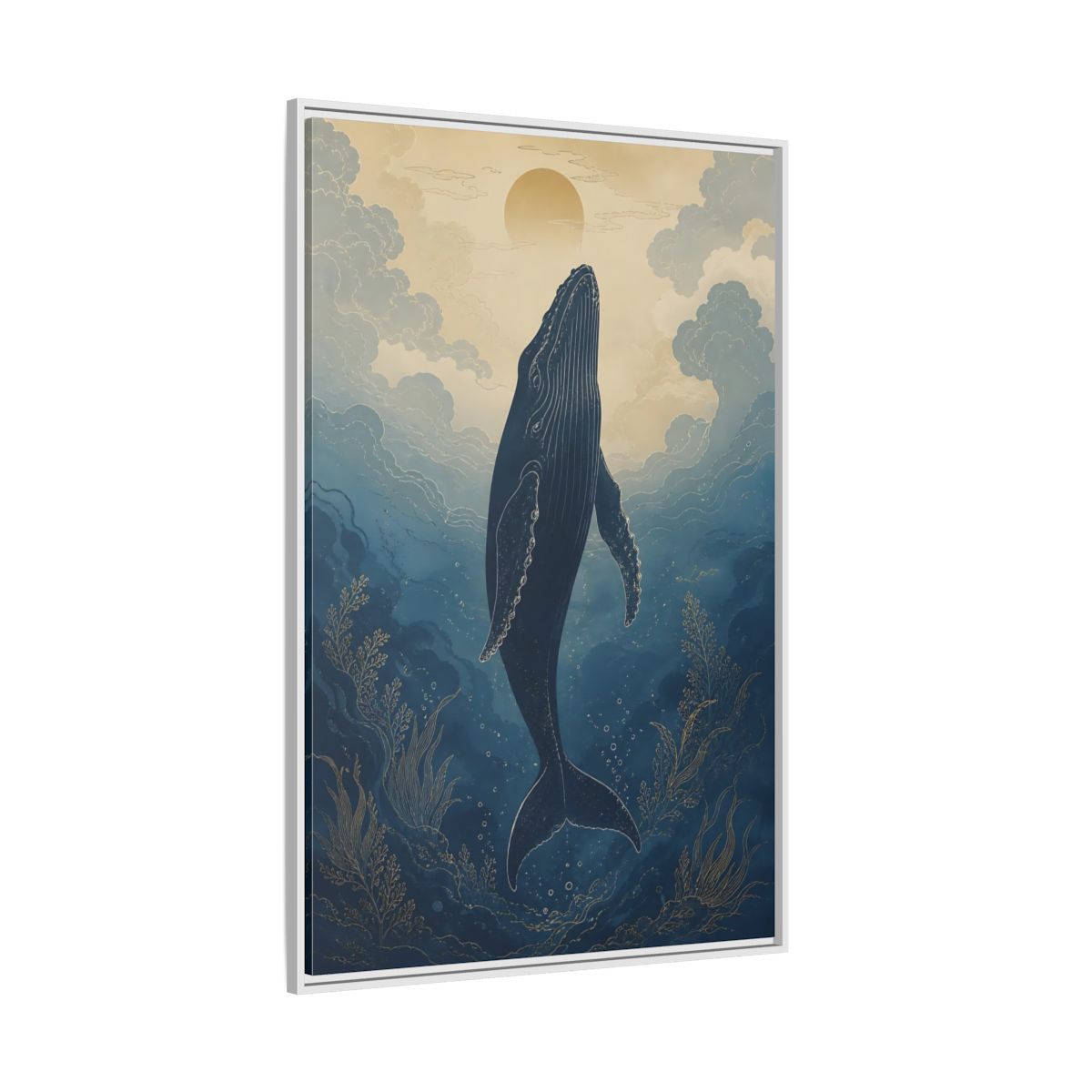 Side Mockup 7. Nature Whale Blue And Gold Whale shown as stretched canvas wall art